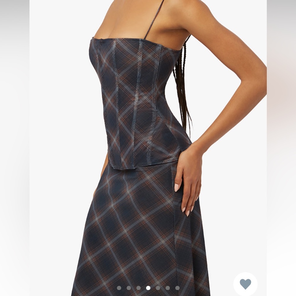We Wore What mesh diagonal plaid peplum corset top and matching midi skirt